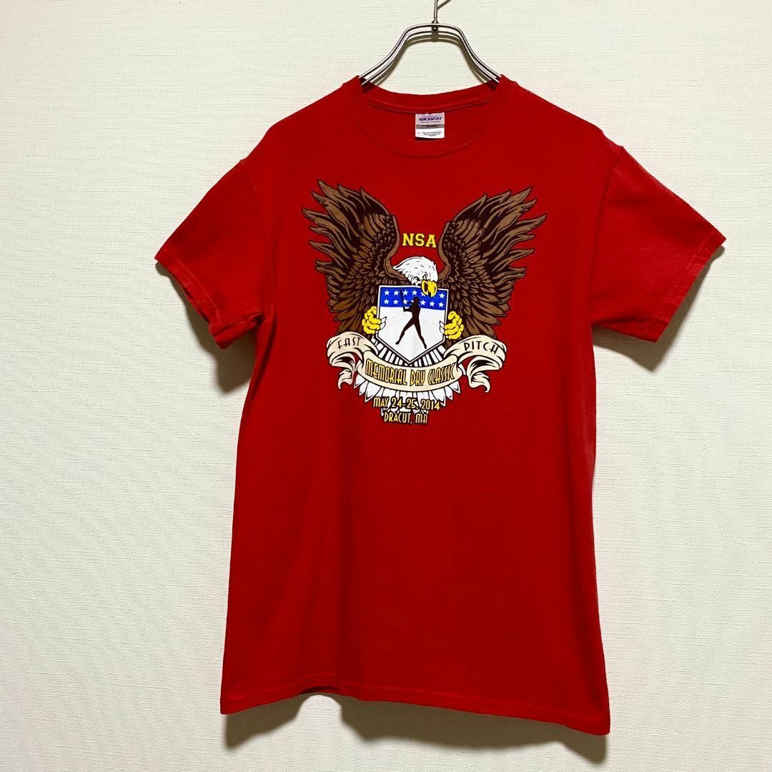 GILDAN(ギルタン)のアメリカ古着　NSA イーグル　野球　半袖　Tシャツ　レッド　Sサイズ　P361 メンズのトップス(Tシャツ/カットソー(半袖/袖なし))の商品写真