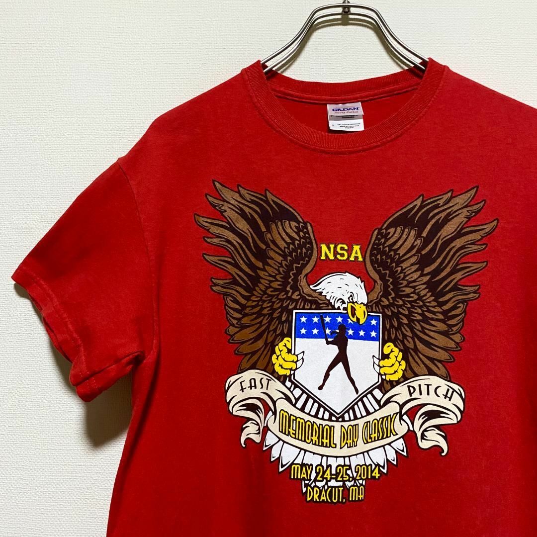 GILDAN(ギルタン)のアメリカ古着　NSA イーグル　野球　半袖　Tシャツ　レッド　Sサイズ　P361 メンズのトップス(Tシャツ/カットソー(半袖/袖なし))の商品写真