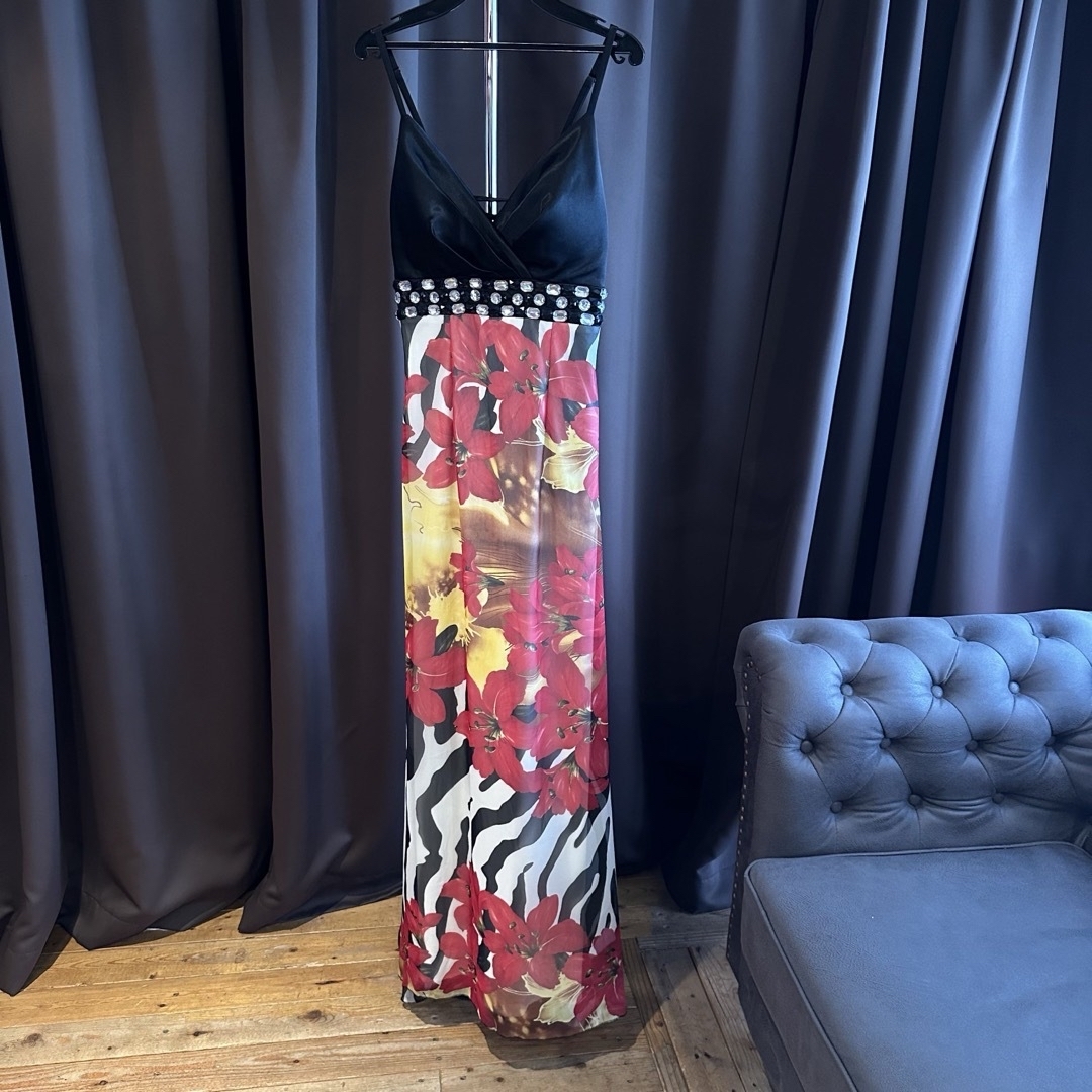 I18119 新品 キャバドレス F レッド花柄 シフォン ビジュー ゼブラ レディースのフォーマル/ドレス(ナイトドレス)の商品写真