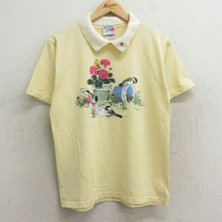 古着 ジャージーズ 半袖 ビンテージ Tシャツ レディース 90年代 90s 鳥 花 襟付き USA製 薄黄 イエロー 24mar16 中古(ミニワンピース)