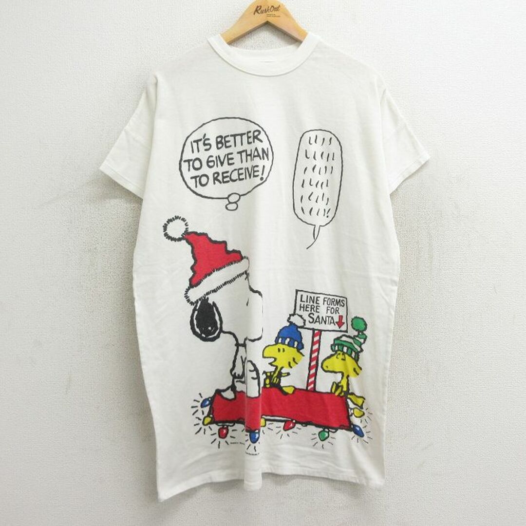 SNOOPY(スヌーピー)の古着 半袖 ビンテージ Tシャツ ワンピース レディース 80年代 80s ピーナッツ スヌーピー SNOOPY ウッドストック ロング丈 大きいサイズ クルーネック 白 ホワイト 24mar16 中古 レディースのワンピース(ミニワンピース)の商品写真