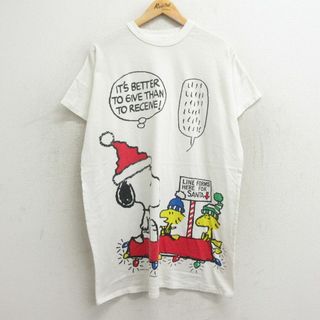 スヌーピー(SNOOPY)の古着 半袖 ビンテージ Tシャツ ワンピース レディース 80年代 80s ピーナッツ スヌーピー SNOOPY ウッドストック ロング丈 大きいサイズ クルーネック 白 ホワイト 24mar16 中古(ミニワンピース)