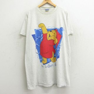 ディズニー(Disney)の古着 半袖 ビンテージ Tシャツ ワンピース レディース 00年代 00s ディズニー DISNEY くまのプーさん 大きいサイズ ロング丈 クルーネック 薄グレー 霜降り 24mar18 中古(ミニワンピース)