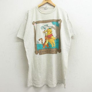 ディズニー(Disney)の古着 半袖 ビンテージ Tシャツ ワンピース レディース 00年代 00s ディズニー DISNEY くまのプーさん ティガー 大きいサイズ ロング丈 クルーネック 薄グレー 霜降り 24mar18 中古(ミニワンピース)