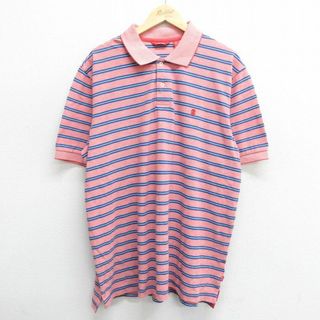 XL★古着 IZOD 半袖 ブランド ポロ シャツ メンズ ワンポイントロゴ 鹿の子 デッドストック コットン ピンク系他 ボーダー 24mar16 中古 トップス(ポロシャツ)