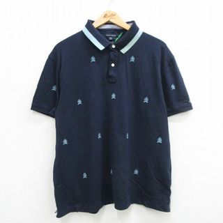 トミーヒルフィガー(TOMMY HILFIGER)のXL★古着 トミーヒルフィガー TOMMY HILFIGER 半袖 ブランド ポロ シャツ メンズ ワンポイントロゴ 総柄 鹿の子 大きいサイズ コットン 紺他 ネイビー 24mar19 中古 トップス(ポロシャツ)