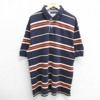 トミーヒルフィガー(TOMMY HILFIGER)のXL★古着 トミーヒルフィガー TOMMY HILFIGER 半袖 ブランド ポロ シャツ メンズ ワンポイントロゴ 鹿の子 ロング丈 コットン 紺他 ネイビー 24mar19 中古 トップス(ポロシャツ)