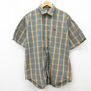 トミーヒルフィガー(TOMMY HILFIGER)のXL★古着 トミーヒルフィガー TOMMY HILFIGER 半袖 ブランド シャツ メンズ 90年代 90s トミージーンズ ワンポイントロゴ コットン 緑他 グリーン チェック 24mar19 中古 トップス(シャツ)