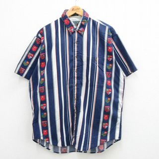 ラルフローレン(Ralph Lauren)のXL★古着 ラルフローレン Ralph Lauren チャップス 半袖 ブランド シャツ メンズ 80年代 80s コットン ボタンダウン 紺他 ネイビー ストライプ 24mar19 中古 トップス(シャツ)