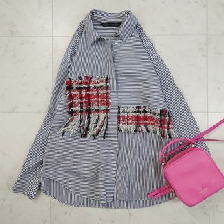 ザラ(ZARA)の美品♪ ザラ ZARA 長袖ブラウス フリンジ ストライプ オーバーサイズ(シャツ/ブラウス(長袖/七分))