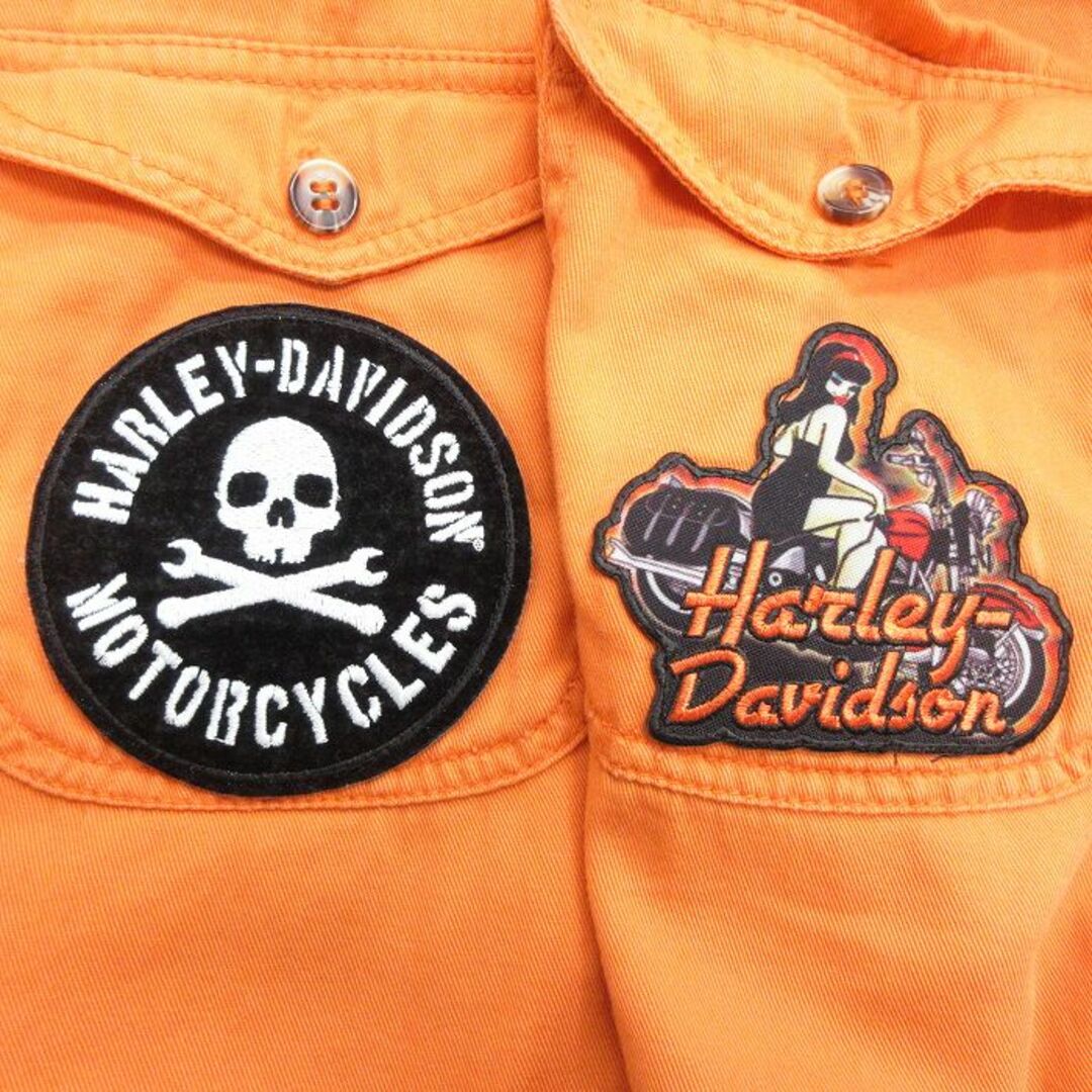 Harley Davidson(ハーレーダビッドソン)のXL★古着 ノースリーブ シャツ メンズ ハーレーダビッドソン Harley Davidson ワッペン 大きいサイズ コットン ボタンダウン オレンジ 24mar21 中古 トップス メンズのトップス(シャツ)の商品写真