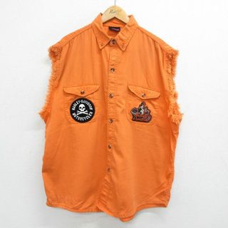 ハーレーダビッドソン(Harley Davidson)のXL★古着 ノースリーブ シャツ メンズ ハーレーダビッドソン Harley Davidson ワッペン 大きいサイズ コットン ボタンダウン オレンジ 24mar21 中古 トップス(シャツ)