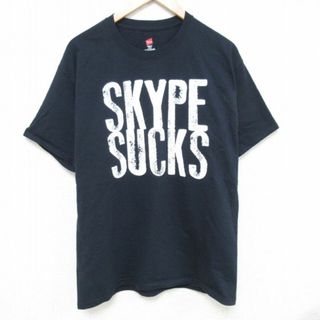 ヘインズ(Hanes)のL★古着 ヘインズ Hanes 半袖 Tシャツ メンズ SKYPE SUCKS コットン クルーネック 濃紺 ネイビー 24mar18 中古(Tシャツ/カットソー(半袖/袖なし))