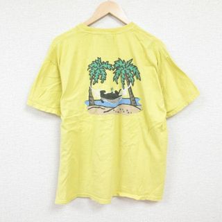 XL★古着 半袖 Tシャツ メンズ 犬 ハンモック 大きいサイズ コットン クルーネック 黄 イエロー 24mar16 中古(Tシャツ/カットソー(半袖/袖なし))