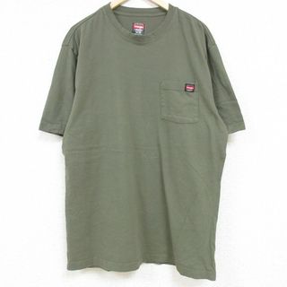 ラングラー(Wrangler)のXL★古着 ラングラー Wrangler 半袖 Tシャツ メンズ 無地 胸ポケット付き ロング丈 コットン クルーネック 緑 グリーン 24mar19 中古(Tシャツ/カットソー(半袖/袖なし))