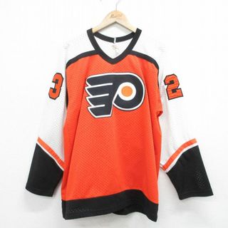 フィラ(FILA)のL★古着 長袖 ビンテージ Tシャツ アイスホッケージャージ メンズ 80年代 80s NHL フィラデルフィアフライヤーズ Vネック メッシュ地 USA製 オレンジ ユニフォーム ゲームシャツ 【spe】 24mar18 中古(Tシャツ/カットソー(半袖/袖なし))