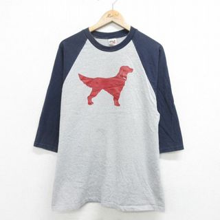 L★古着 7分袖 ビンテージ Tシャツ メンズ 00年代 00s 犬 クルーネック グレー 霜降り他 24mar18 中古 7分丈 七分丈 七分袖(Tシャツ/カットソー(半袖/袖なし))