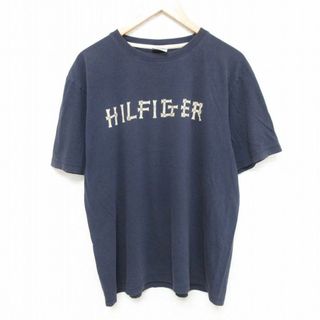 TOMMY HILFIGER - L★古着 トミーヒルフィガー TOMMY HILFIGER 半袖 ブランド Tシャツ メンズ 90年代 90s ビッグロゴ コットン クルーネック 紺 ネイビー 24mar21 中古