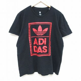 アディダス(adidas)のXL★古着 アディダス adidas 半袖 Tシャツ メンズ ビッグロゴ リーフトレフォイル コットン クルーネック 黒 ブラック 24mar21 中古(Tシャツ/カットソー(半袖/袖なし))