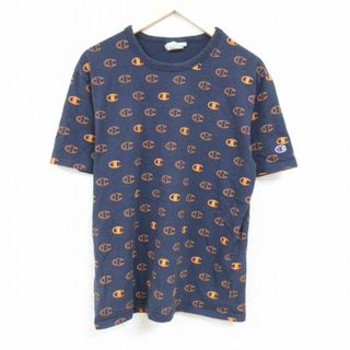 L★古着 チャンピオン Champion 半袖 ブランド Tシャツ メンズ 総柄 コットン クルーネック 紺 ネイビー 24mar19 中古