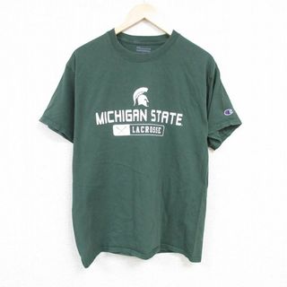 チャンピオン(Champion)のL★古着 チャンピオン Champion 半袖 ブランド Tシャツ メンズ ミシガン ラクロス クルーネック 緑 グリーン 24mar19 中古(Tシャツ/カットソー(半袖/袖なし))