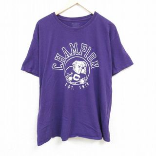 チャンピオン(Champion)のXL★古着 チャンピオン Champion 半袖 ブランド Tシャツ メンズ ビッグロゴ ブルドッグ 大きいサイズ コットン クルーネック 紫 パープル 24mar19 中古(Tシャツ/カットソー(半袖/袖なし))