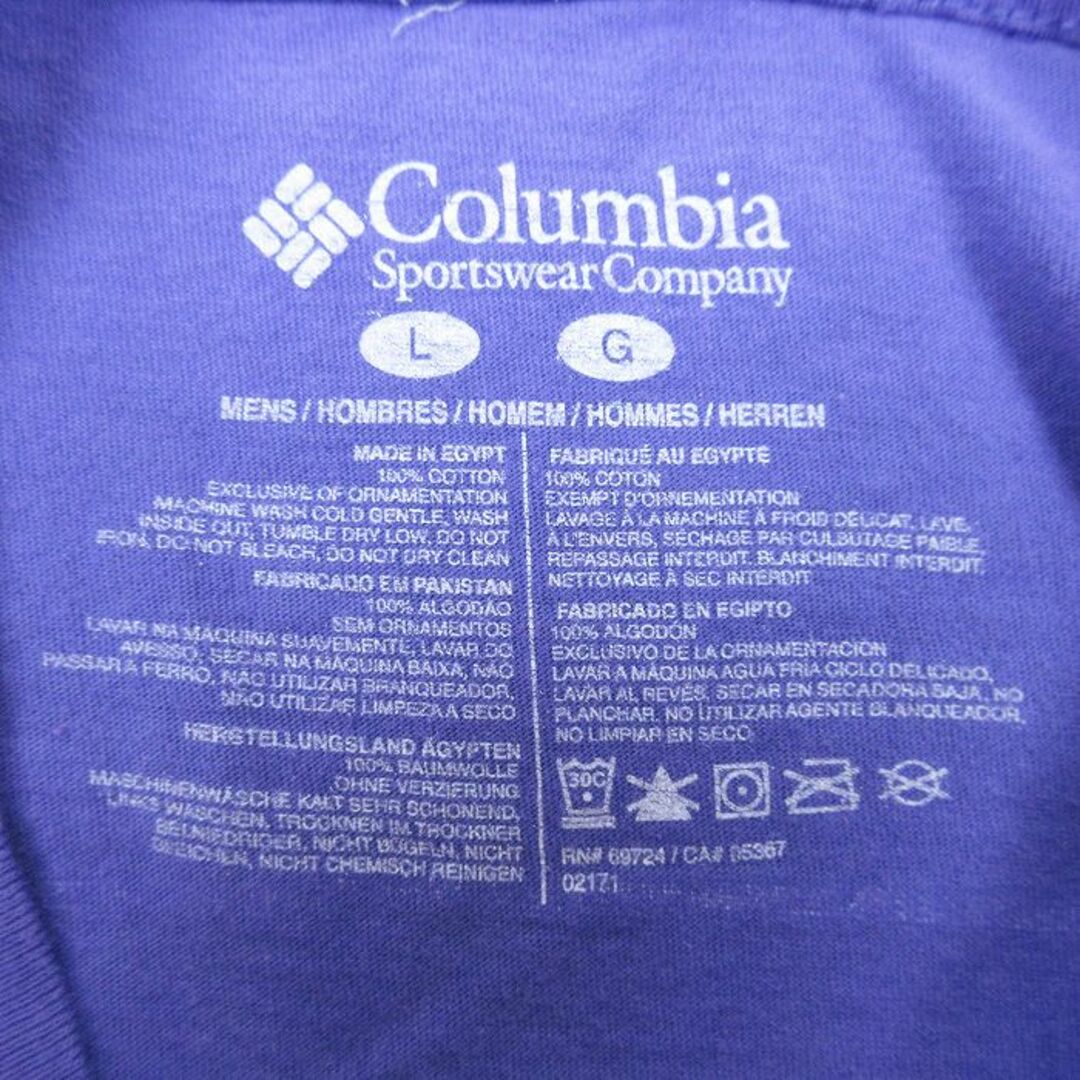 Columbia(コロンビア)のL★古着 コロンビア COLUMBIA Columbia 半袖 ブランド Tシャツ メンズ ワンポイントロゴ PFG コットン クルーネック 紫 パープル 24mar19 中古 メンズのトップス(Tシャツ/カットソー(半袖/袖なし))の商品写真