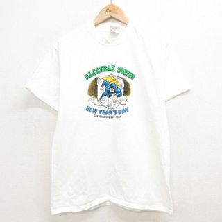 ヘインズ(Hanes)のM★古着 ヘインズ Hanes 半袖 ビンテージ Tシャツ メンズ 90年代 90s ALCATRAZ SWIM コットン クルーネック 白 ホワイト 24mar19 中古(Tシャツ/カットソー(半袖/袖なし))