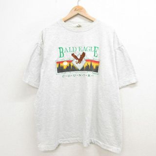 XL★古着 半袖 ビンテージ Tシャツ メンズ 00年代 00s ワシ 刺繍 大きいサイズ コットン クルーネック 薄グレー 霜降り 24mar19 中古(Tシャツ/カットソー(半袖/袖なし))