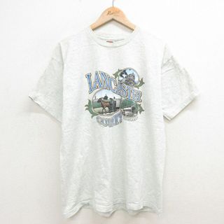 フルーツオブザルーム(FRUIT OF THE LOOM)のXL★古着 フルーツオブザルーム 半袖 ビンテージ Tシャツ メンズ 90年代 90s ランカスター 汽車 大きいサイズ クルーネック 薄グレー 霜降り 24mar19 中古(Tシャツ/カットソー(半袖/袖なし))