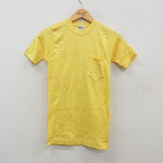 XS★古着 半袖 ビンテージ Tシャツ メンズ 80年代 80s 無地 胸ポケット付き コットン クルーネック 黄 イエロー 24mar21 中古(Tシャツ/カットソー(半袖/袖なし))