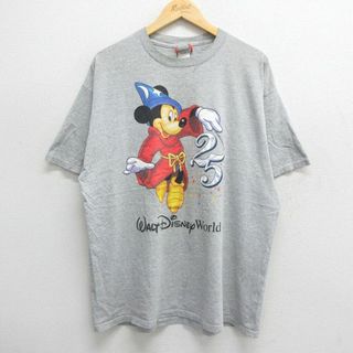 ディズニー(Disney)のXL★古着 半袖 ビンテージ Tシャツ メンズ 90年代 90s ディズニー DISNEY ミッキー MICKEY MOUSE 大きいサイズ クルーネック USA製 グレー 霜降り 24mar21 中古(Tシャツ/カットソー(半袖/袖なし))