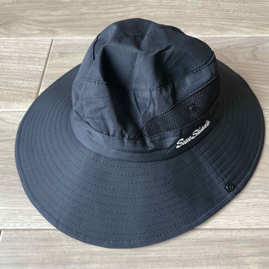 UVカット日よけ帽 ポニーテール サファリハット つば広 折りたたみ ブラック レディースの帽子(ハット)の商品写真