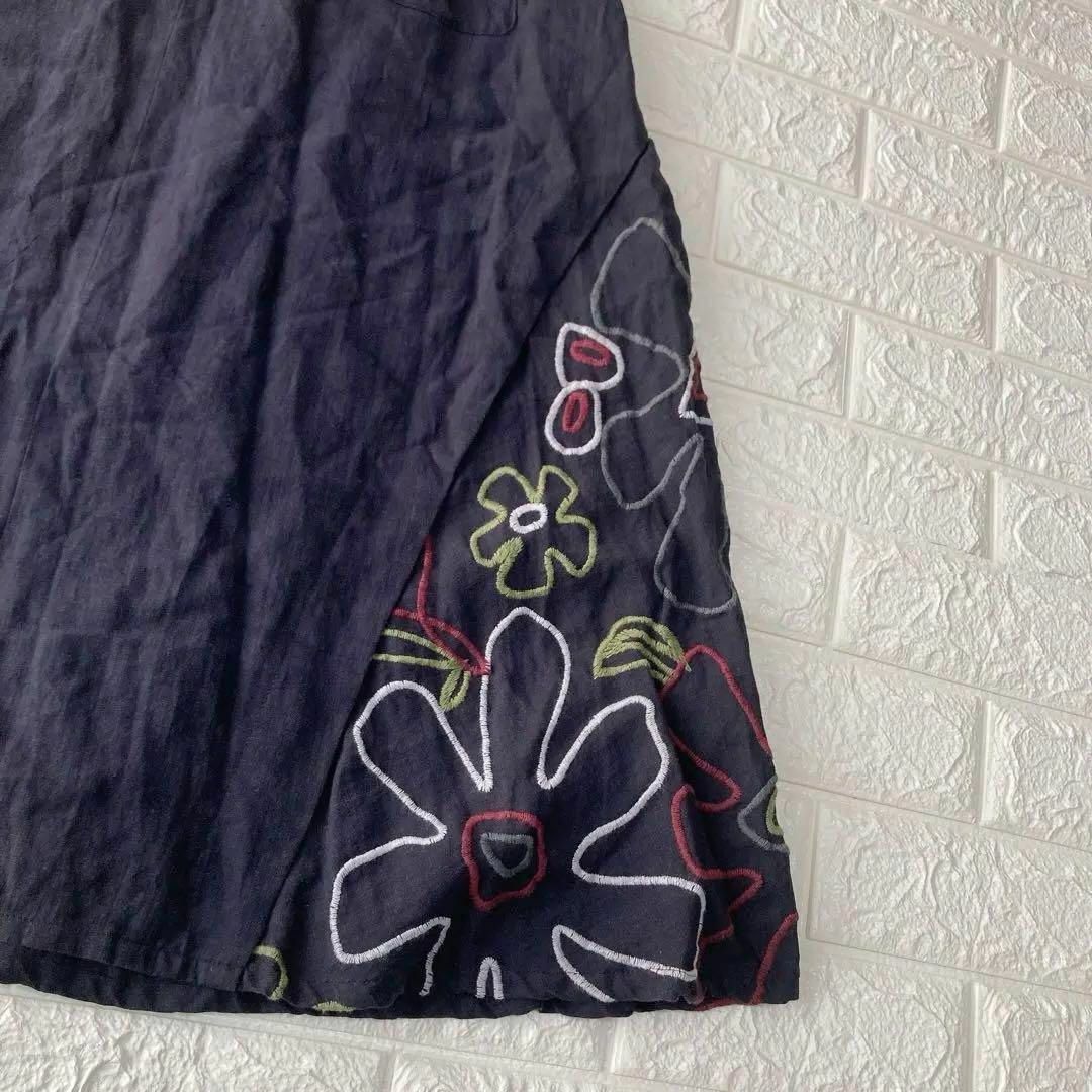 OHLALA オララ　麻　リネン100% 花柄 刺繍 スカート size2/紺 レディースのスカート(ひざ丈スカート)の商品写真