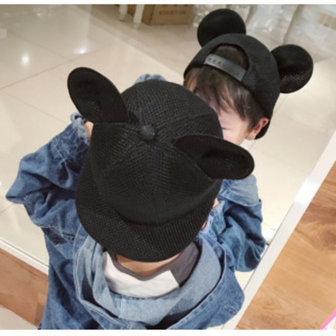 メッシュ 子供50cm マウス キャップ ミッキー 耳付き帽子 黒 ブラック   キッズ/ベビー/マタニティのこども用ファッション小物(帽子)の商品写真
