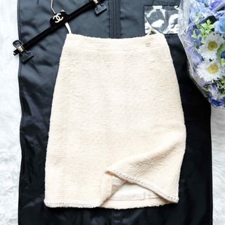 美品　CHANEL シャネル　ワッフル　ツイード　ホワイト　ビジュー　スカート　