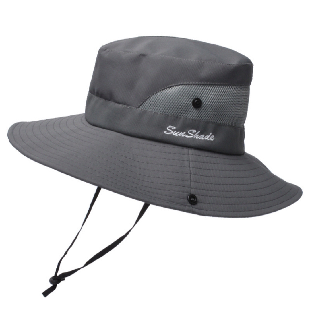 UVカット日よけ帽 ポニーテール サファリハット グレー つば広 折りたたみ レディースの帽子(ハット)の商品写真