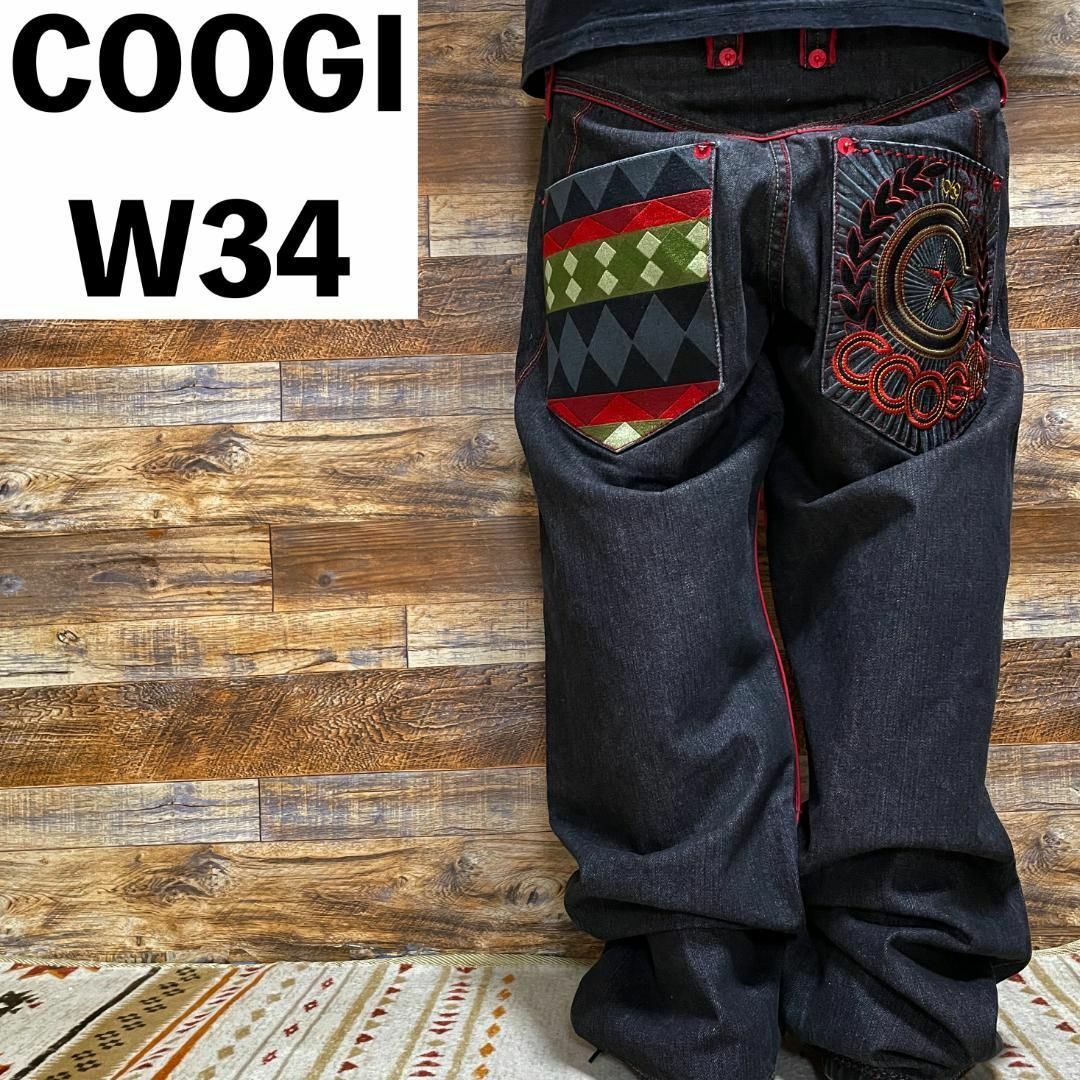 COOGI(クージー)のクージーブラックデニムジーンズ極太w34刺繍黒ストリートb系オーバーサイズy2k メンズのパンツ(デニム/ジーンズ)の商品写真