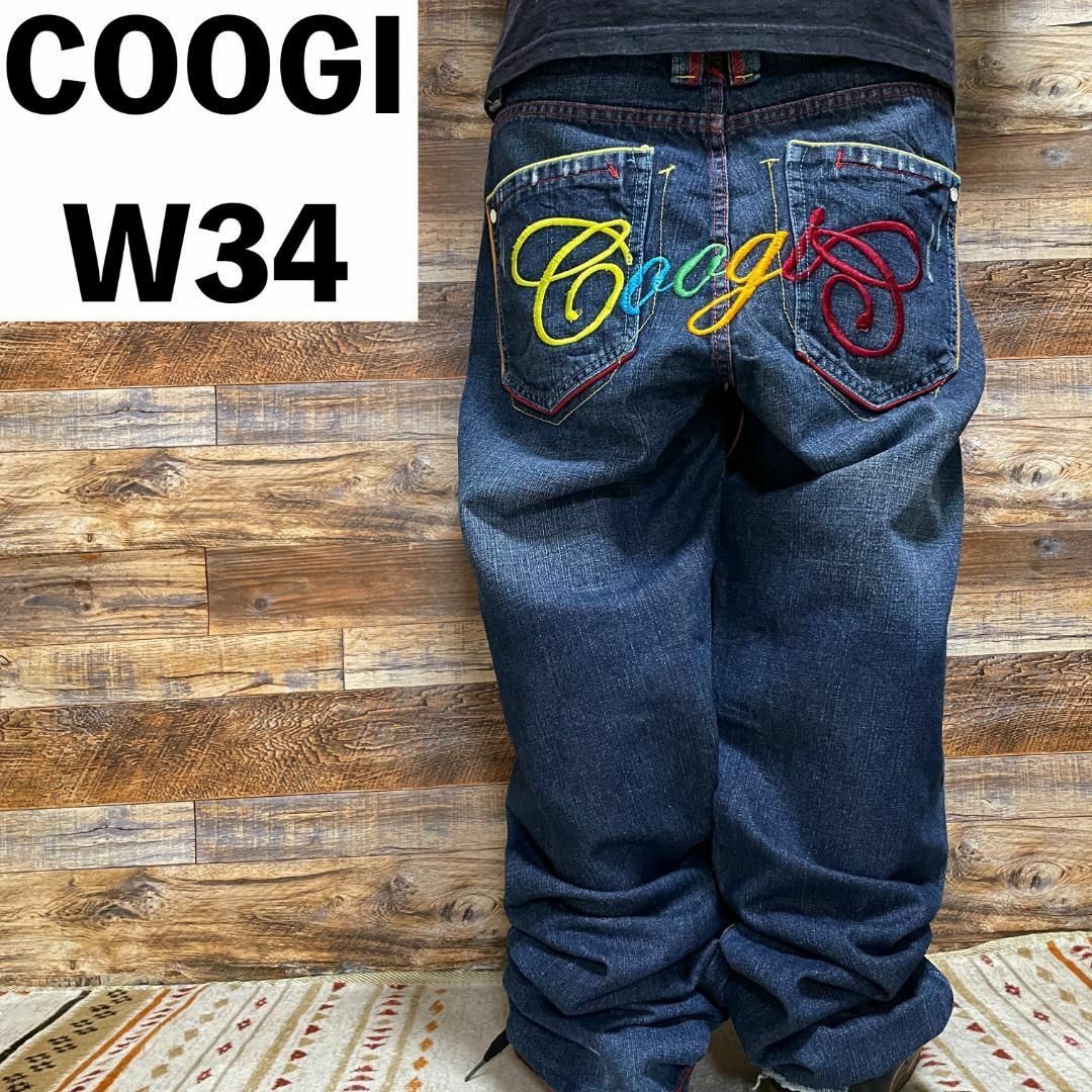 COOGI(クージー)のクージーデニムジーンズ刺繍b系ストリートオーバーサイズ青ブルー古着メンズw34 メンズのパンツ(デニム/ジーンズ)の商品写真