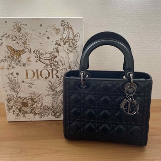 ディオール(Dior)のレディディオール　ミディアム　ラムスキン　ブラックメタルチャーム　国内在庫0(ハンドバッグ)