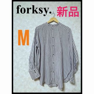 新品　forksy. フォルクシー　先染め　ランダムストライプ　ブザム切り替え　(シャツ/ブラウス(長袖/七分))