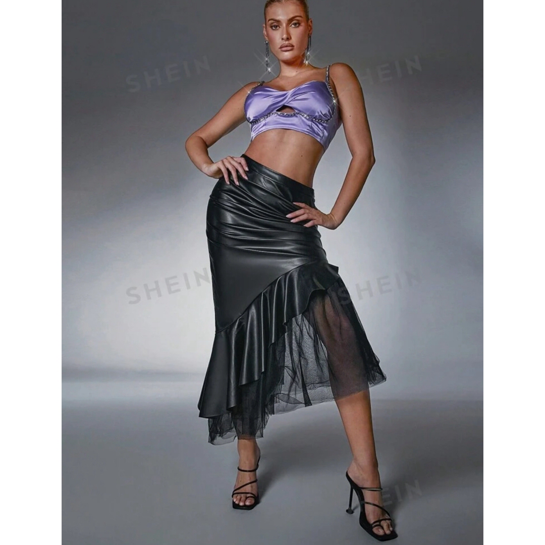 SHEIN Haute フリルメッシュ ヘム Pu革スカート レザー レディースのスカート(ロングスカート)の商品写真