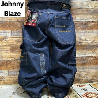 ジョニーブレイズ(JOHNNY BLAZE)のジョニーブレイズバギーデニムカーゴパンツストリート古着w34極太b系y2k紺刺繍(デニム/ジーンズ)