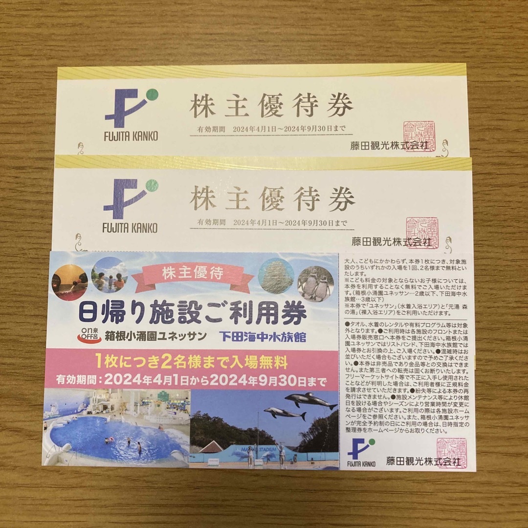 藤田観光 株主優待券 2名無料（箱根小涌園ユネッサン・下田海中水族館）+おまけ チケットの施設利用券(遊園地/テーマパーク)の商品写真