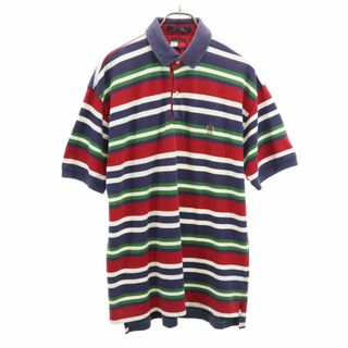 TOMMY HILFIGER - トミーヒルフィガー 90s オールド フラッグタグ ボーダー 半袖 ポロシャツ M ネイビー系 TOMMY HILFIGER 鹿の子 メンズ 古着 【240324】