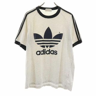 アディダス 80s 日本製 デサント製 トレフォイルロゴ ヴィンテージ 半袖 トリム Tシャツ M-L グレー系 adidas メンズ 古着 【240324】 メール便可