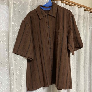 ジーユー(GU)のGU メンズ リネンブレンドシャツ（5分袖）Lサイズ ストライプ 未使用(シャツ)