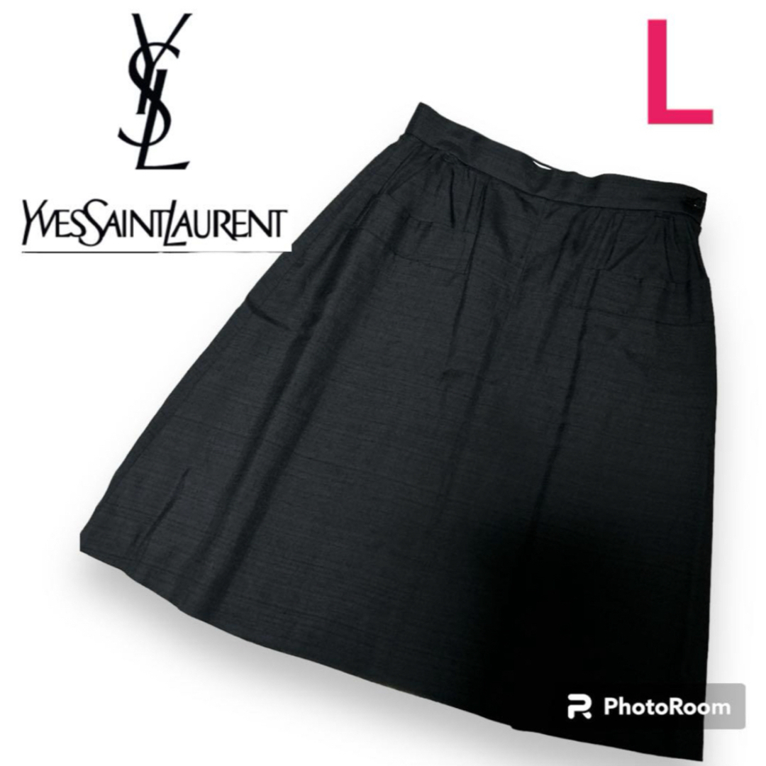 Yves Saint Laurent(イヴサンローラン)の美品　イヴサンローラン　スカート　ブラック　シルク混　光沢　L レディースのスカート(ひざ丈スカート)の商品写真