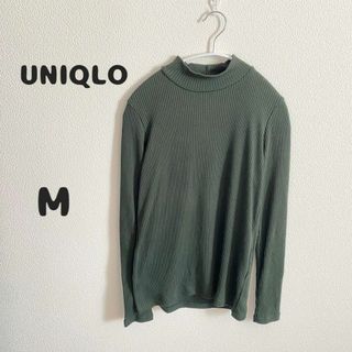 UNIQLO ユニクロ　リブハイネックT グリーン 緑 M トップス(Tシャツ(長袖/七分))