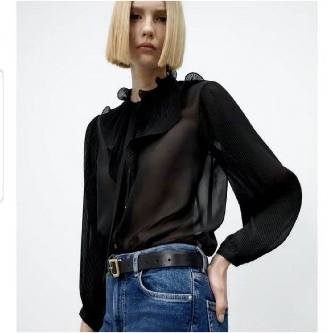 ZARA(ザラ)の【美品】ZARAザラ　シースルー　シアー　フリルブラウス　ボウタイ　黒/ブラック レディースのトップス(シャツ/ブラウス(長袖/七分))の商品写真